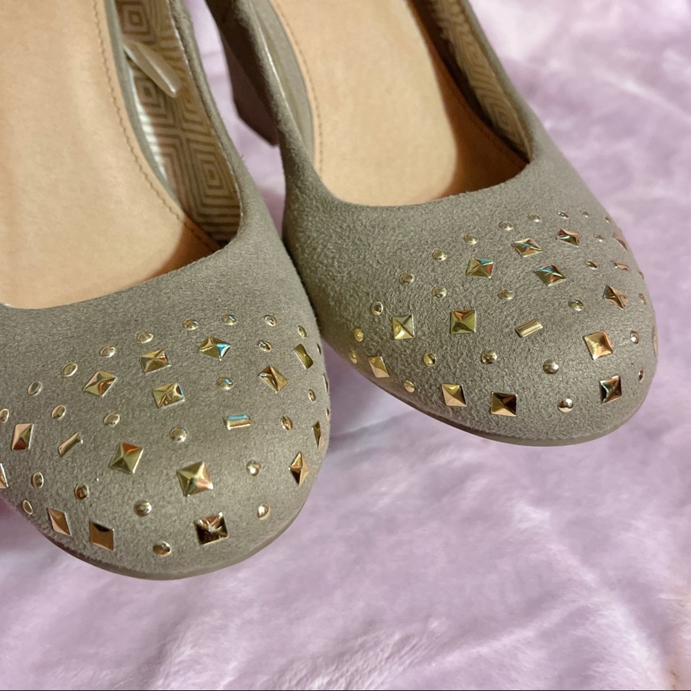 Report Taupe Suede Gold Studded Wedge Pumps - Picture 4 of 11
